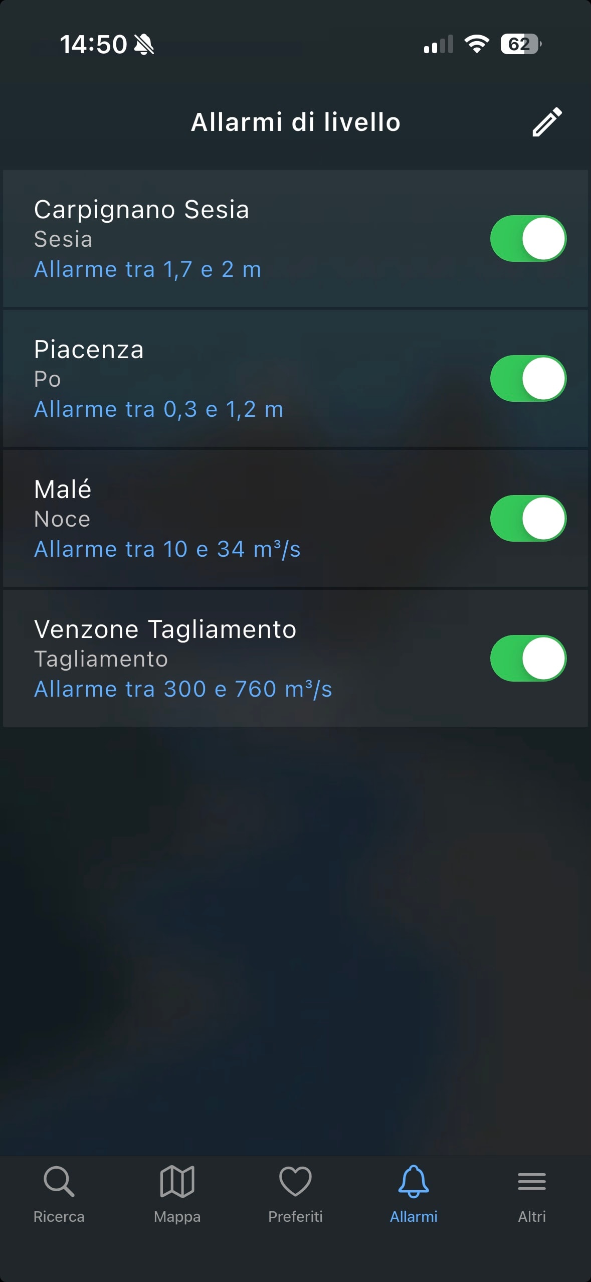 RiverApp alarm screenshot